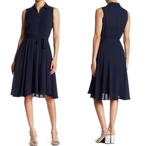 Nanette Lepore Dress sz 10 Navy Blue Sleeveless Full Button Pleated Upper Sheer